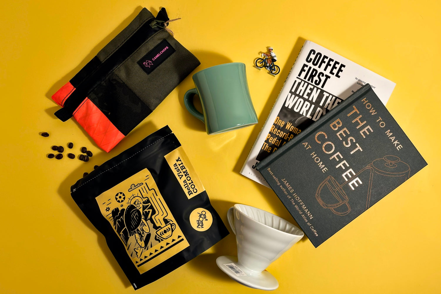 Coffee Brewing Equipment Books and a Bag